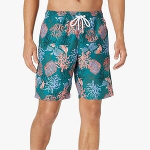 Amazon Essentials Mens 9" Quick-Dry Swim Trunk Teal Coral Tropical Print L NEW